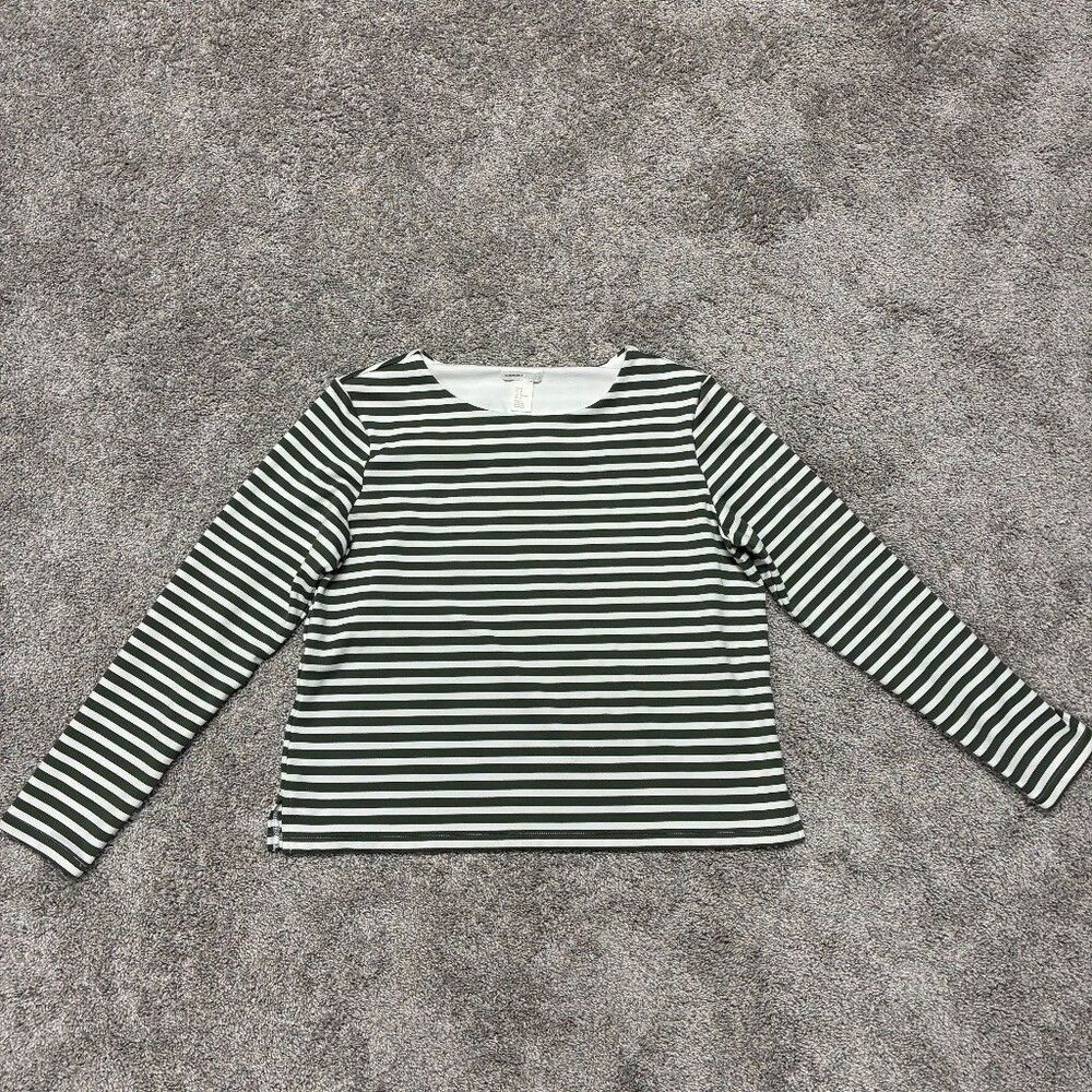 H&M Basic Women’s Medium Green White Stripe Long Sleeve Boat Neck Top Preppy